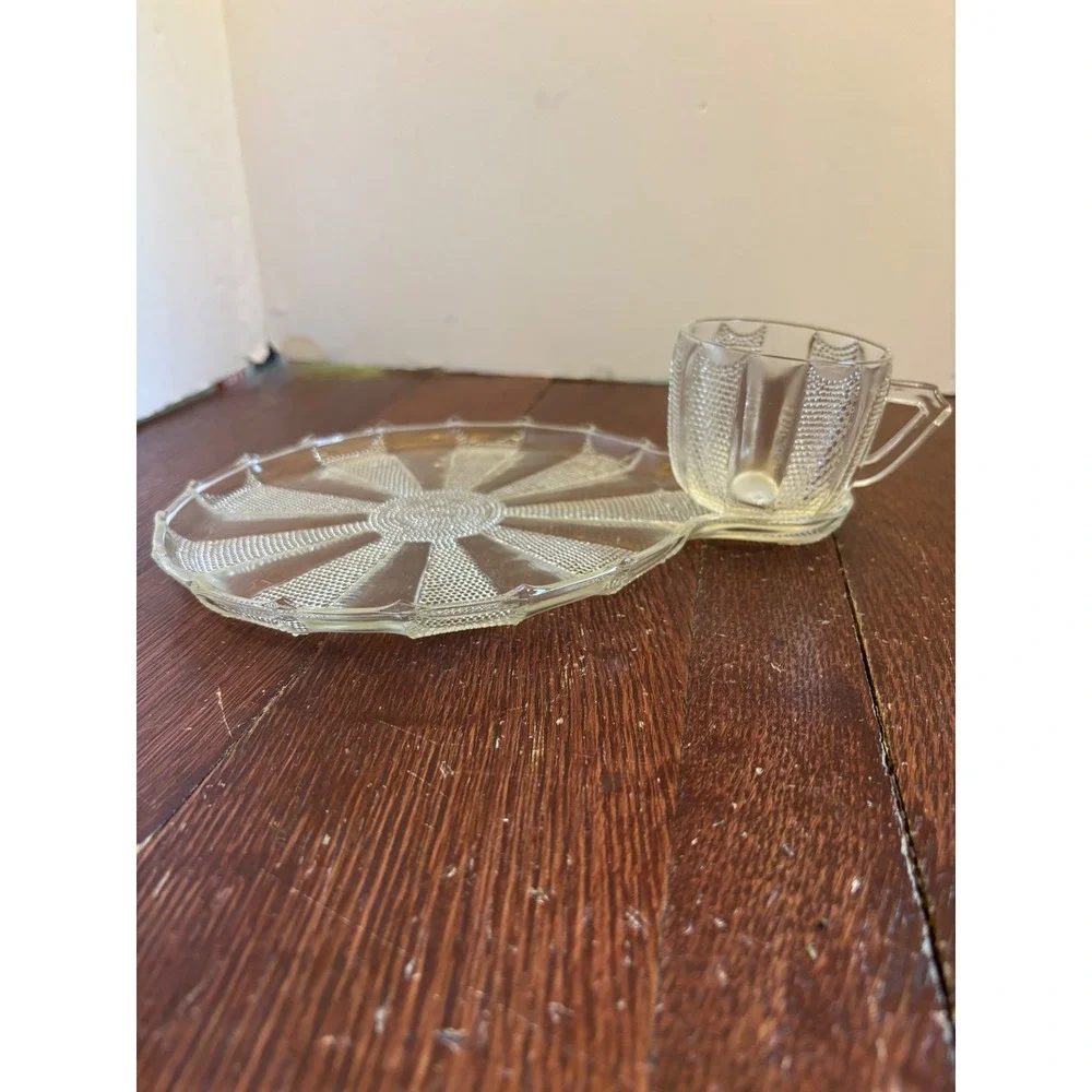 Vintage‎ Clear Pressed Glass Snack Set Sunburst Beaded Plate and Cup 2 Piece